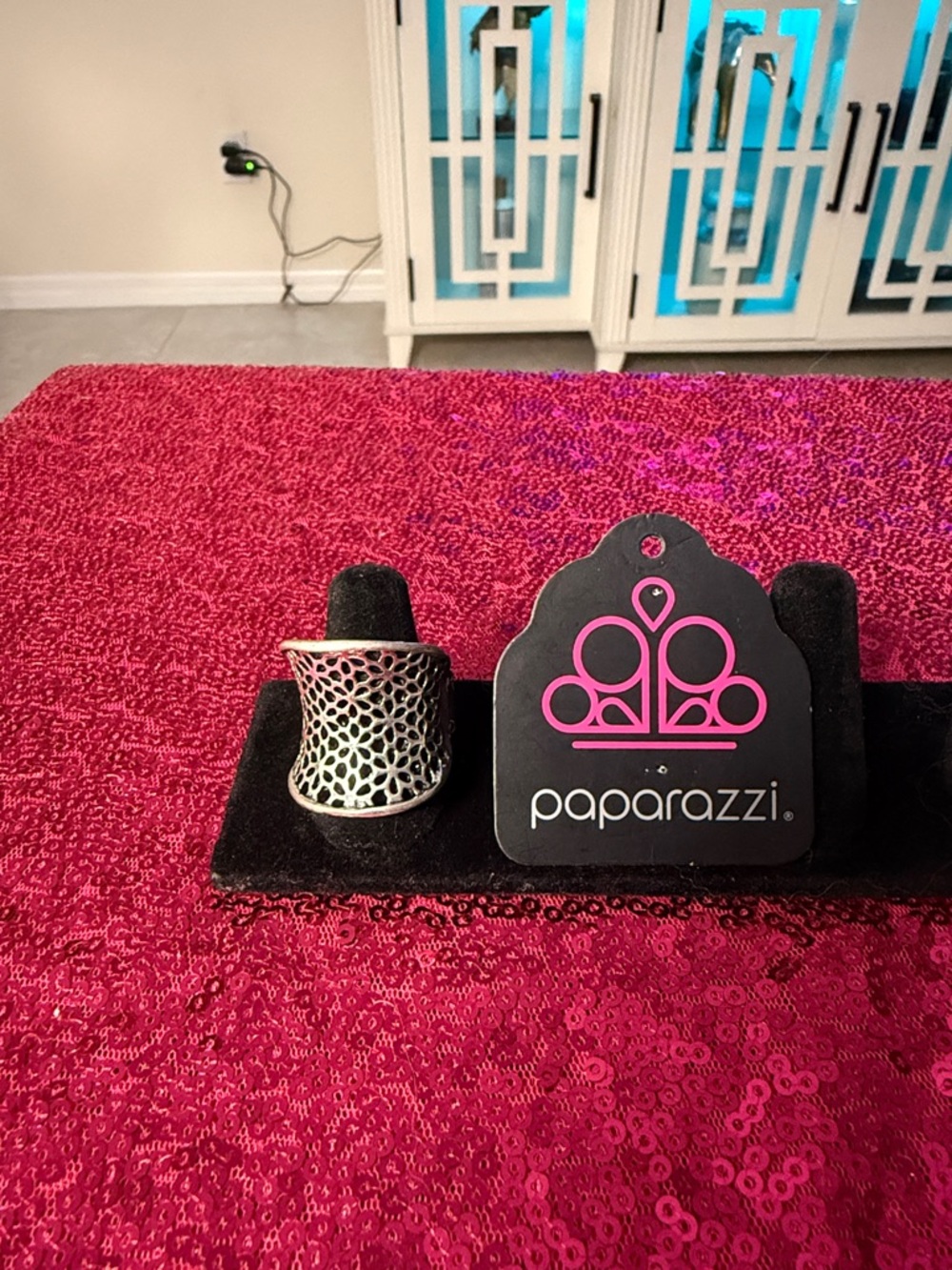 paparazzi Silver Filigree Stretch Ring with Pink Backing